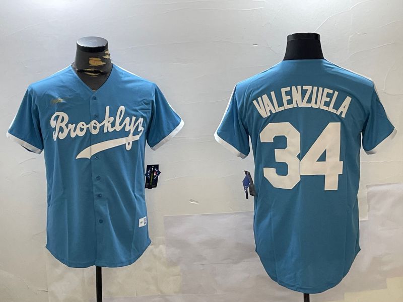 Men Los Angeles Dodgers 34 Valenzuela Light Blue Game 2024 Nike MLB Jersey style 1029